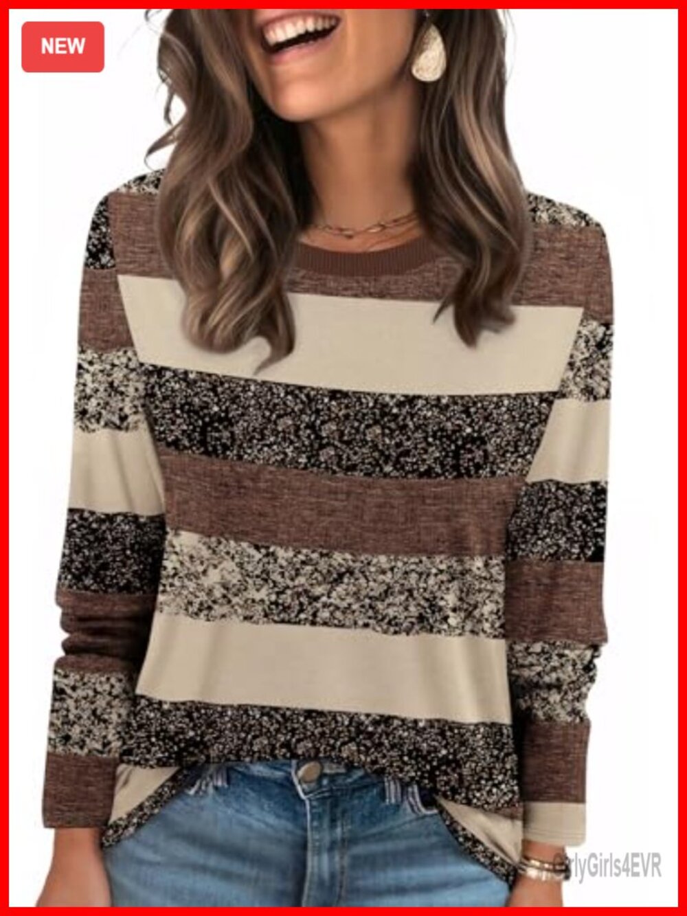 WIHOLL Long Sleeve Striped Color Block Tunic Top Ribbed Crewneck Women's Casual